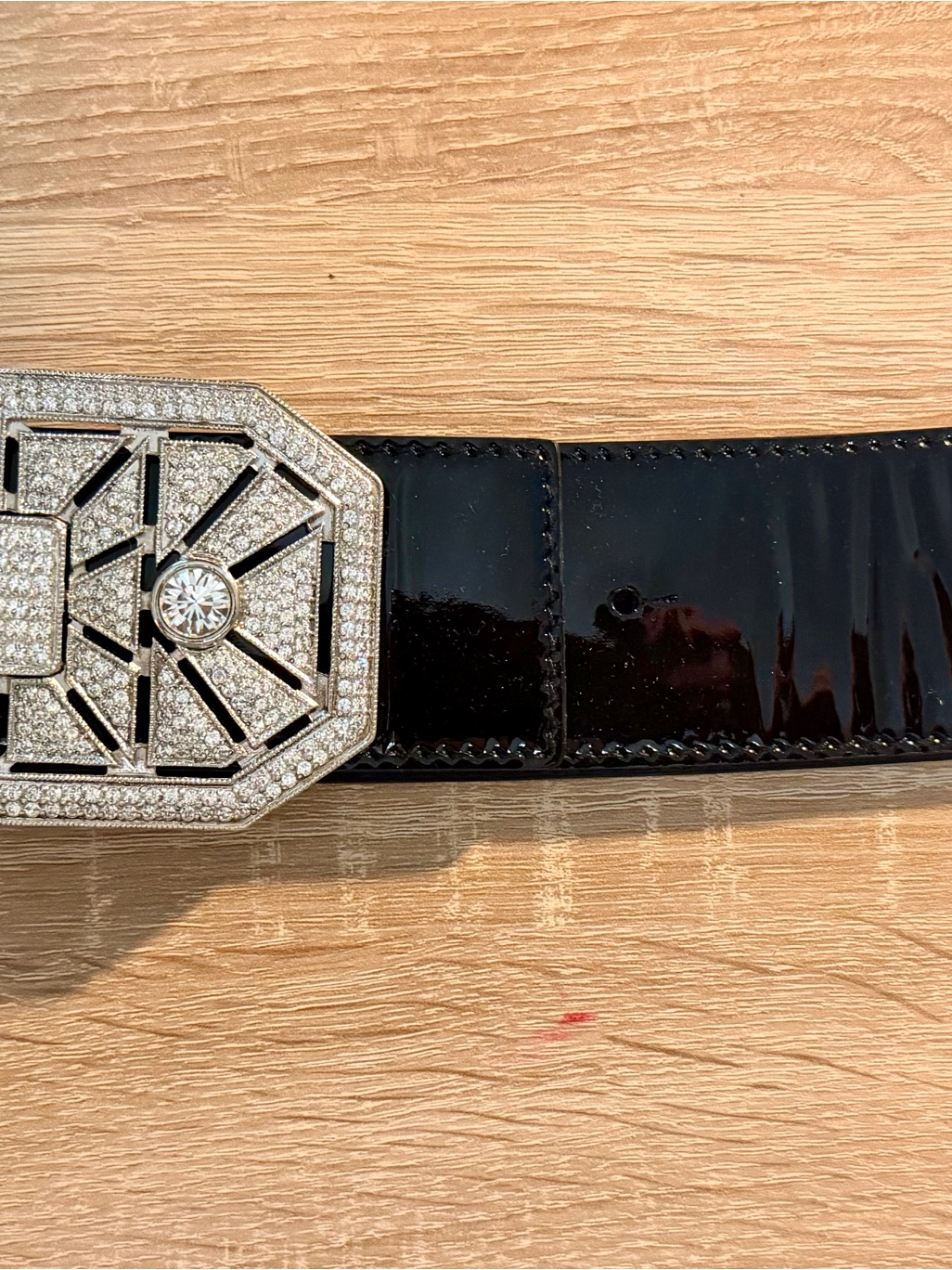 Women’s Black Patent Leather Belt With Silver Crystal Buckle Belt — image 2 of 2